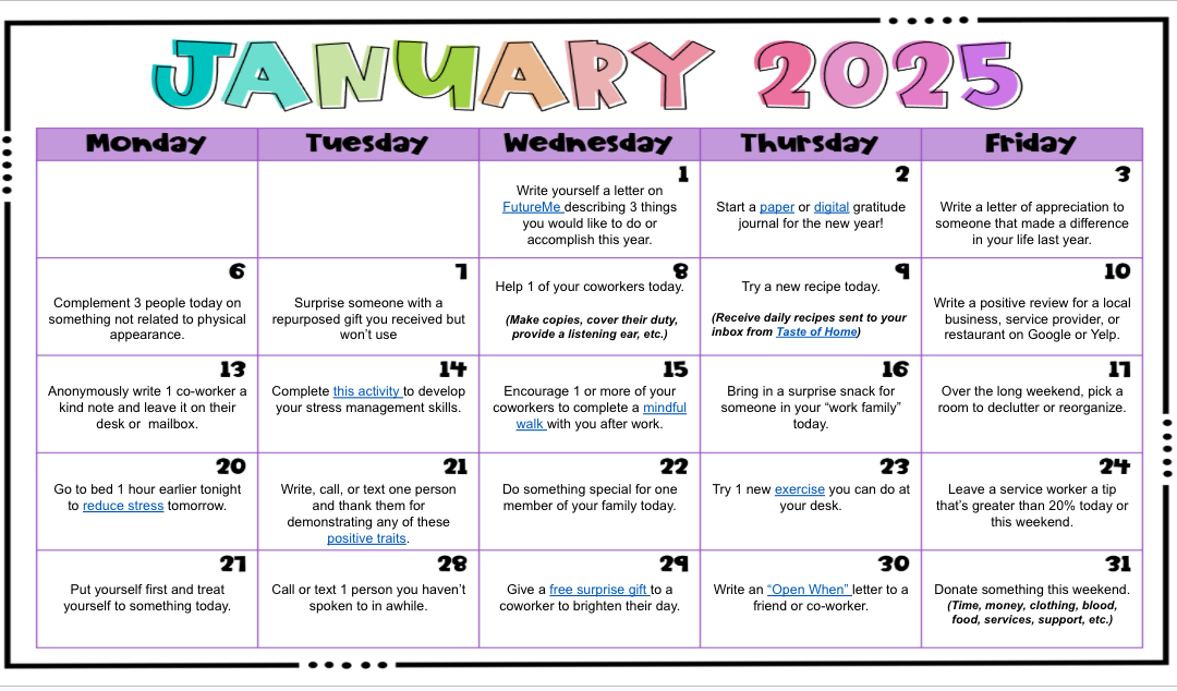Join the January 2025 Self-Care and Kindness Calendar Challenge!